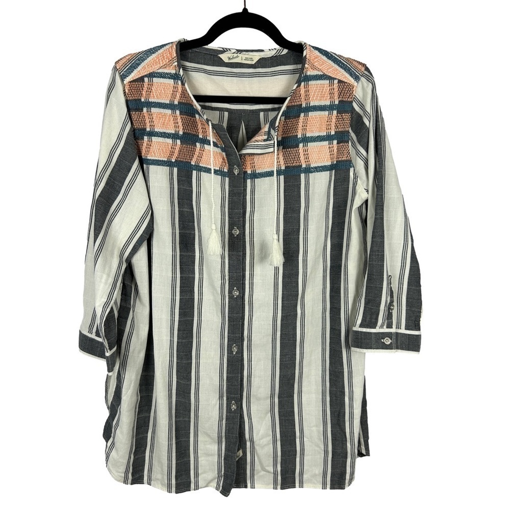 Woolrich Boho Embroidered Cotton Tunic Top 3/4 Sleeve Large White Grey